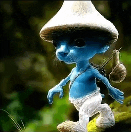 a blue smurf wearing a mushroom hat and carrying a snail on his back .