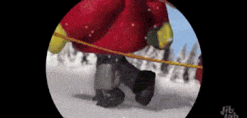 a cartoon character is walking in the snow with a rope around his waist