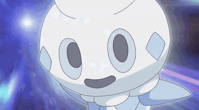 a close up of a white cartoon character with a blue background