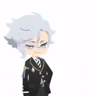 a cartoon character with gray hair and a black suit