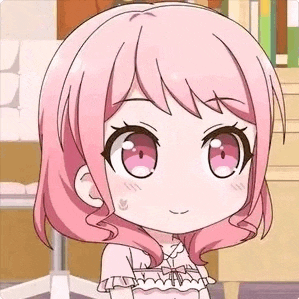 a chibi girl with pink hair and pink eyes is sitting in a room .