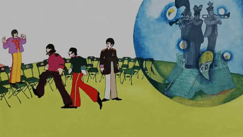 a painting of a group of men standing next to each other with a blue sphere in the background