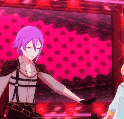 a purple haired anime character stands in front of a pink background with polka dots