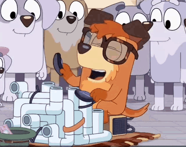 a cartoon dog wearing glasses is sitting on a pile of white pipes