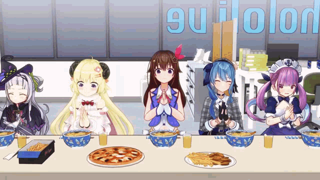 a group of anime girls are sitting at a table with a sign that says guilolod in the background