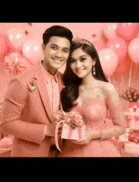 a man in a pink suit and a woman in a pink dress holding a gift box