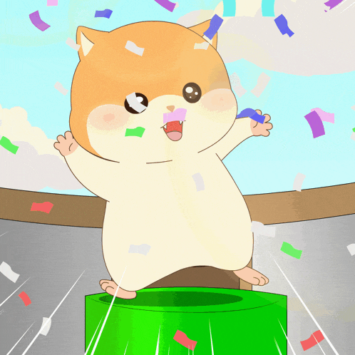 a cartoon of a hamster standing on a green box with confetti falling around it