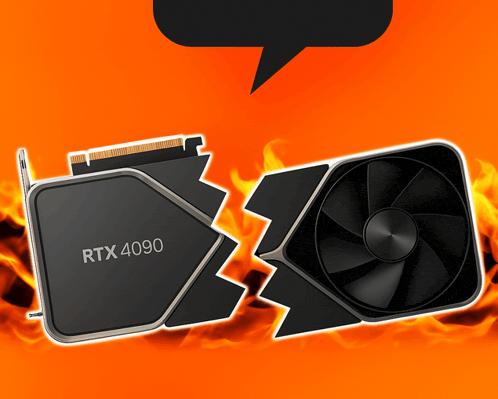 a broken rtx 4090 graphics card with a fan next to it