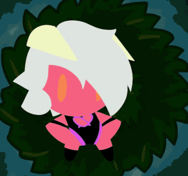 a cartoon drawing of a girl with white hair sitting in a bush