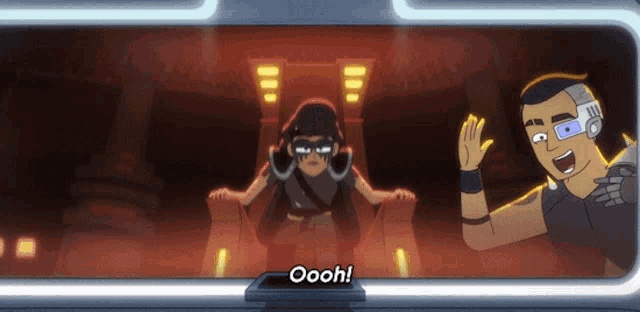 a cartoon character says oooh in front of a man