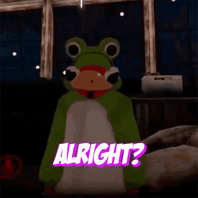 a frog in a costume with the words alright on it