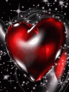two red hearts are surrounded by stars on a black background .