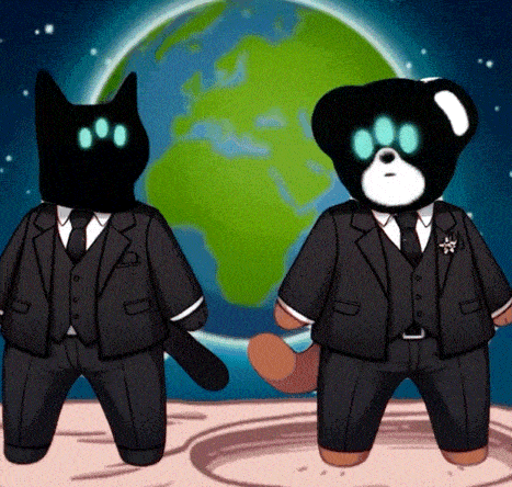 a black cat and a black teddy bear are standing in front of a green planet