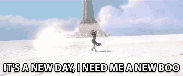 a woman is dancing in the snow with the words it 's a new day , ineed me a new boo