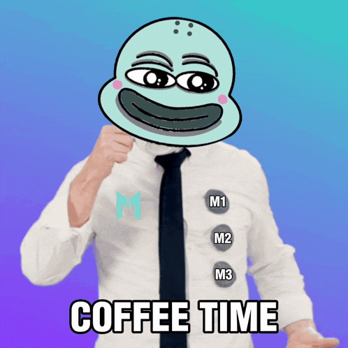 a man in a white shirt and tie has a cartoon face on his head and the words coffee time written below him