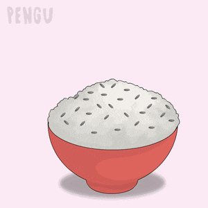 a penguin is holding a bowl of rice and chopsticks in its mouth