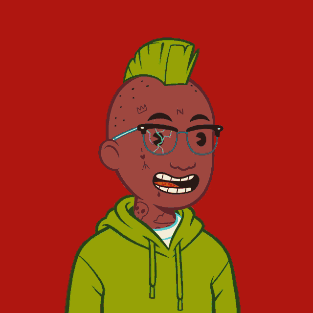 a cartoon drawing of a man with a tattoo on his forehead that says n