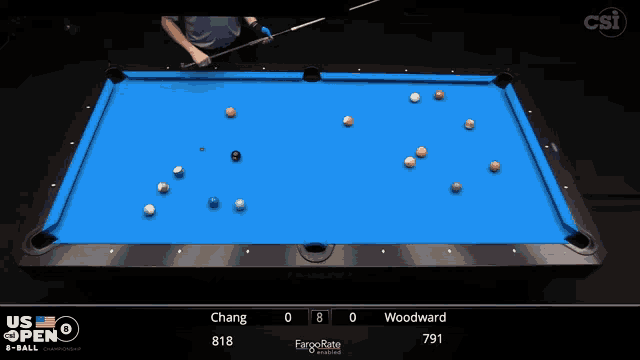 a pool game is being played between chang and woodward and the score is 8 to 0
