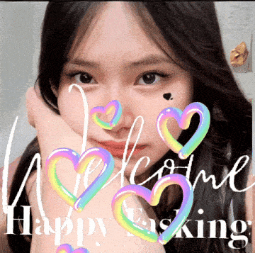 a picture of a girl with hearts on her face and the words welcome happy thinking
