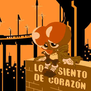 a cartoon character sitting on a brick wall with a sign that says lo siento de corazon