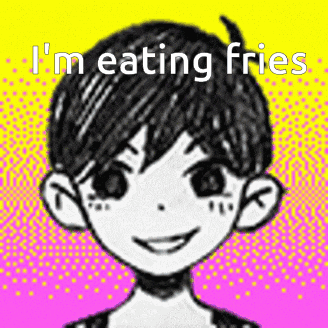 a drawing of a boy with the words `` i 'm eating fries '' written on it .