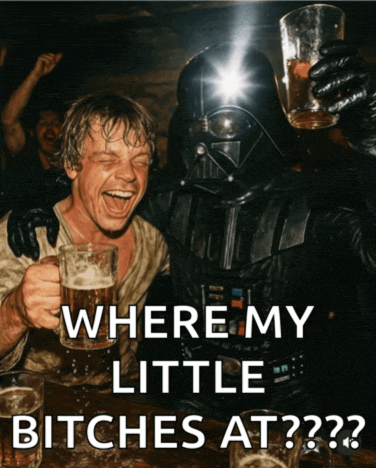 a picture of darth vader and luke skywalker drinking beer with the caption where my little bitches at