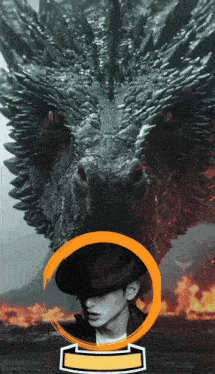 a man wearing a hat is standing in front of a dragon