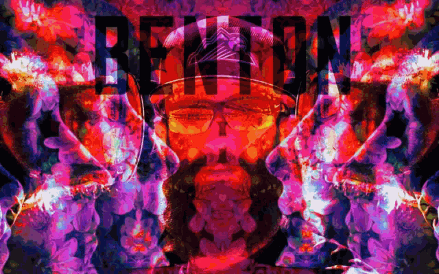 a psychedelic image of a man with a beard and the word rexton in the background