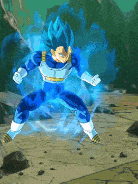 a cartoon character with blue hair is standing on a rock
