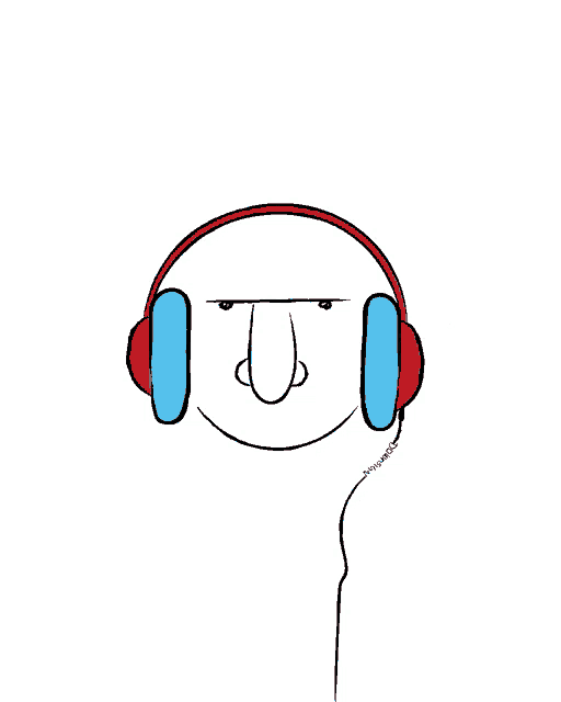 a cartoon drawing of a person wearing headphones with a note in the background