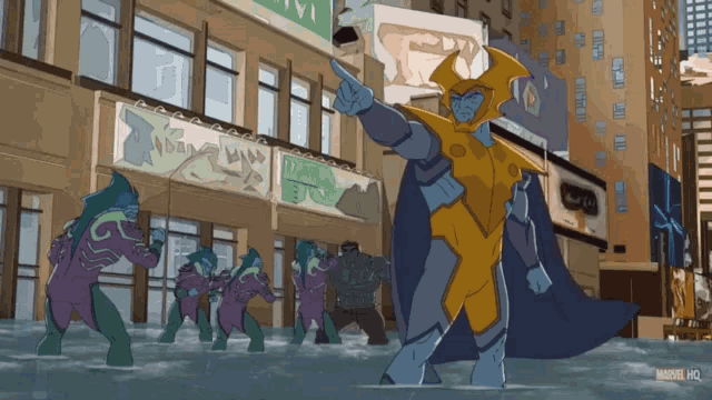 a cartoon of a superhero standing in front of a building that says ' marvel hq ' on the bottom right