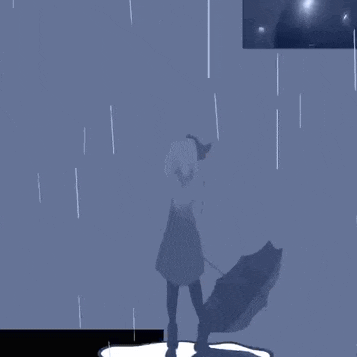 a girl with an umbrella is standing in the rain with the word mises above her