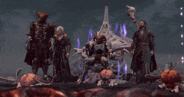 a group of video game characters are standing around a statue