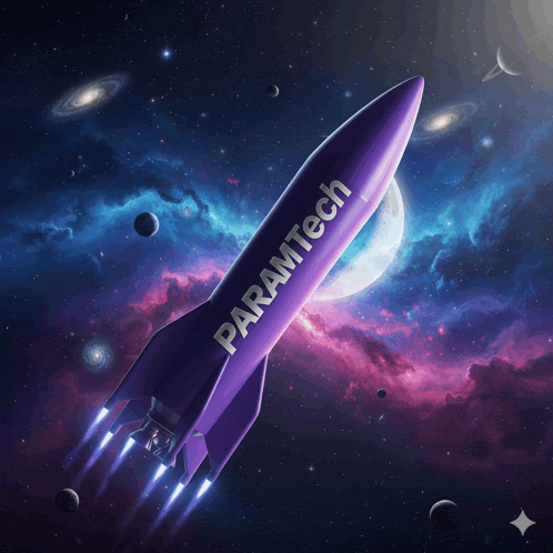 a purple rocket with paramtech written on it