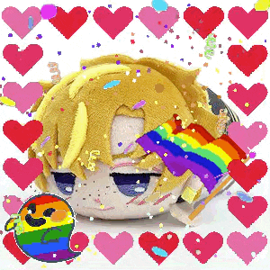 a stuffed animal with a rainbow flag surrounded by hearts and confetti .