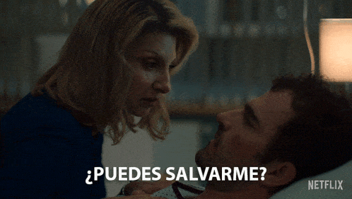 a woman looking at a man laying in a hospital bed with the words " puedes salvarme " written below him