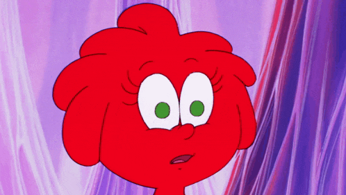 a red cartoon character with green eyes and a pink background
