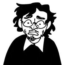 a black and white drawing of a man with glasses and a beard .