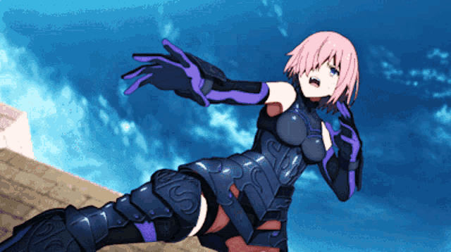 a pink haired anime character with purple gloves and armor