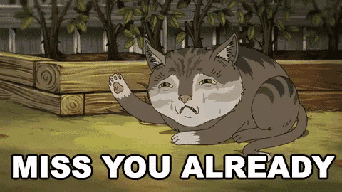 a cartoon cat is laying on the ground with the words miss you already written below it .