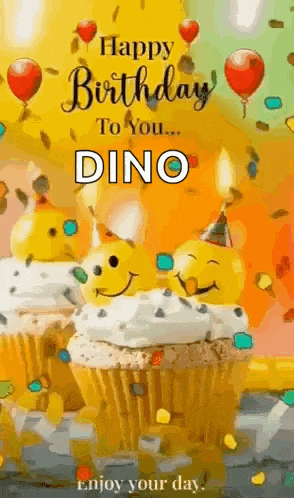 a happy birthday to you dino greeting card with cupcakes and balloons .