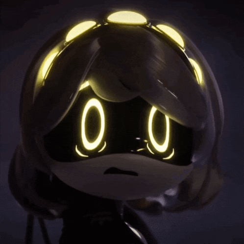 a close up of a cartoon character with glowing eyes and a sad look on her face