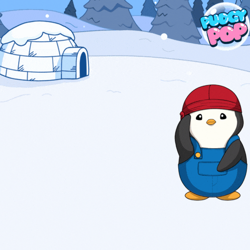 a penguin wearing overalls and a red hat stands in front of an igloo and a fudge pop bubble