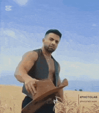 a shirtless man in a cowboy hat is standing in a field .
