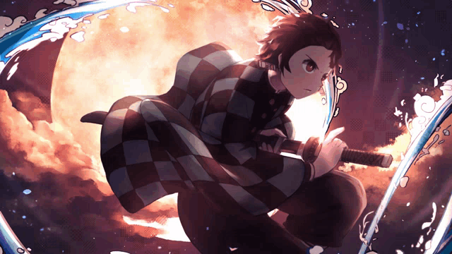 a boy in a plaid shirt is holding a sword in his hand