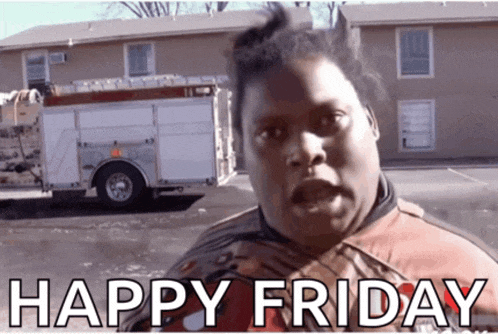 a man standing in front of a fire truck with the words happy friday written below him