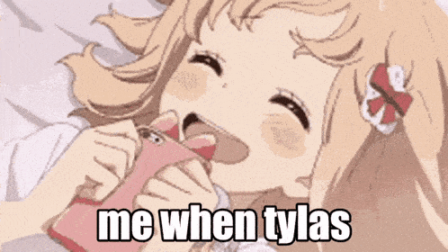 a cartoon of a girl laying on a bed with the words me when tylas written on the bottom