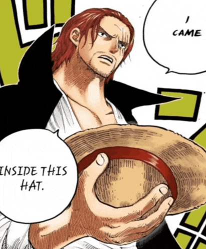 a man with red hair is holding a straw hat with a speech bubble that says i came inside this hat