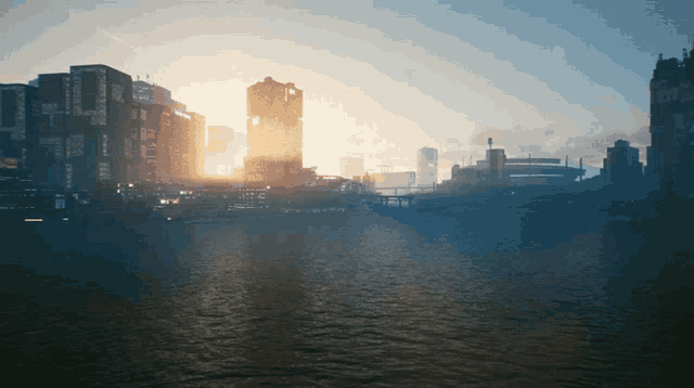 a city skyline with a river in the foreground and the sun shining through the clouds