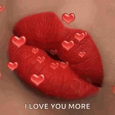 a close up of a woman 's lips with red lipstick and hearts coming out of it .